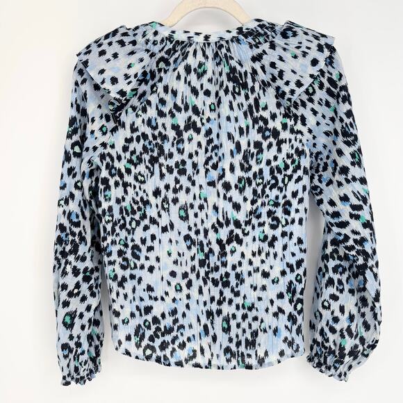Loft Blue Animal Print Ruffle Collar Long Sleeve Textured Top Size XXSP - Picture 4 of 7